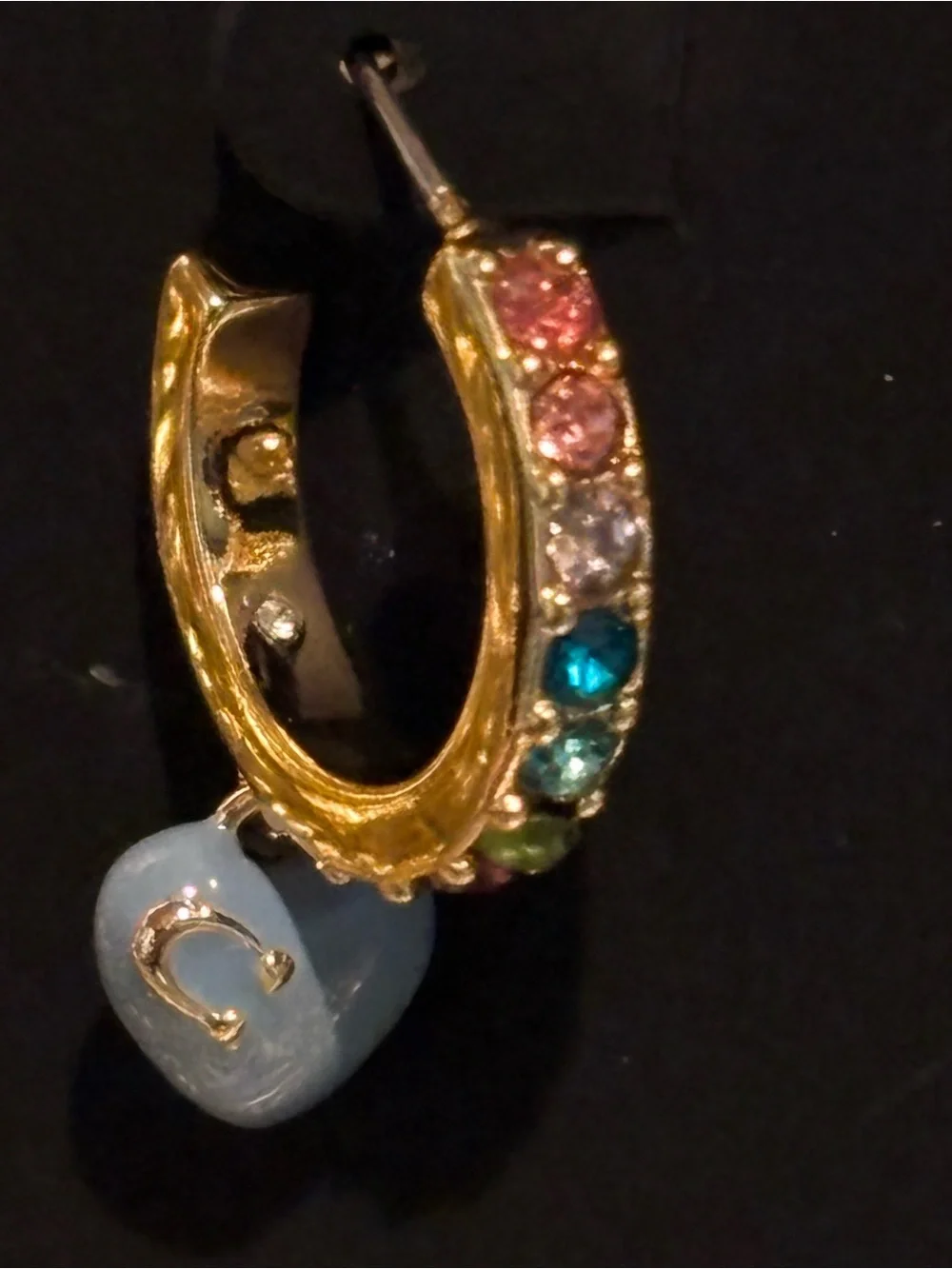 NWT Coach Rainbow Pavé Heart Charm Huggie Hoop Earrings Blue Gold